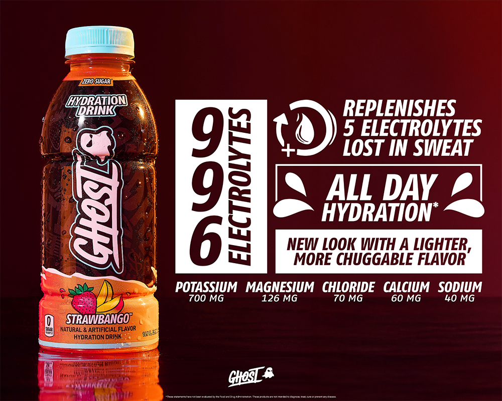 Ghost Hydration - Replenishes 5 Electrolytes Lost in Sweat. All Day Hydration. 996 Electrolytes. New Look with a lighter, more chuggable flavor.