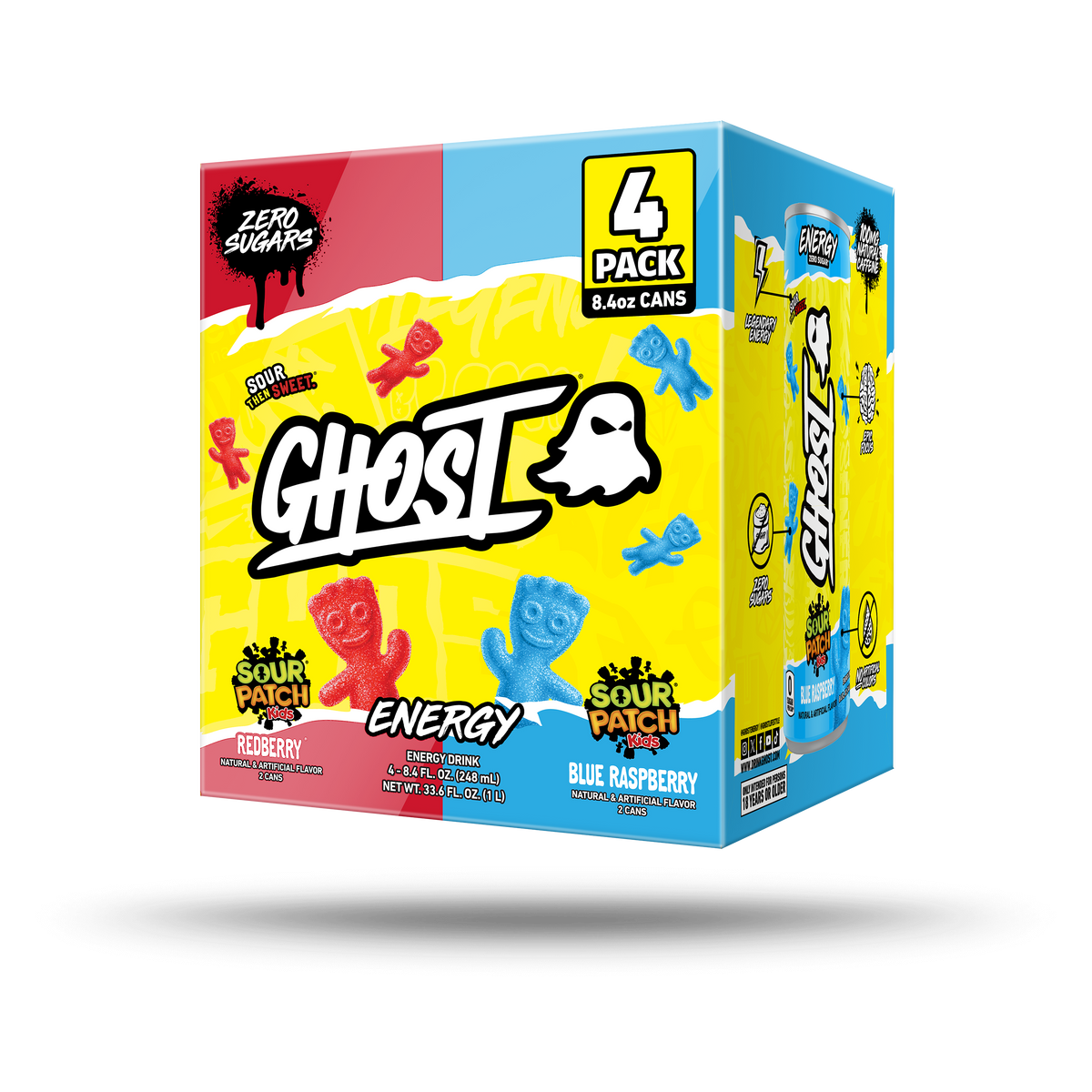 GHOST® ENERGY 8.4OZ 4-PACK x SOUR PATCH KIDS® | SOUR PATCH KIDS® "REDBERRY®" & "BLUE RASPBERRY" 4-PACK