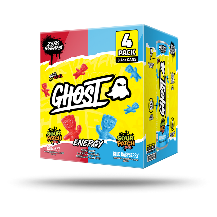 GHOST® ENERGY 8.4OZ 4-PACK x SOUR PATCH KIDS® | SOUR PATCH KIDS® "REDBERRY®" & "BLUE RASPBERRY" 4-PACK